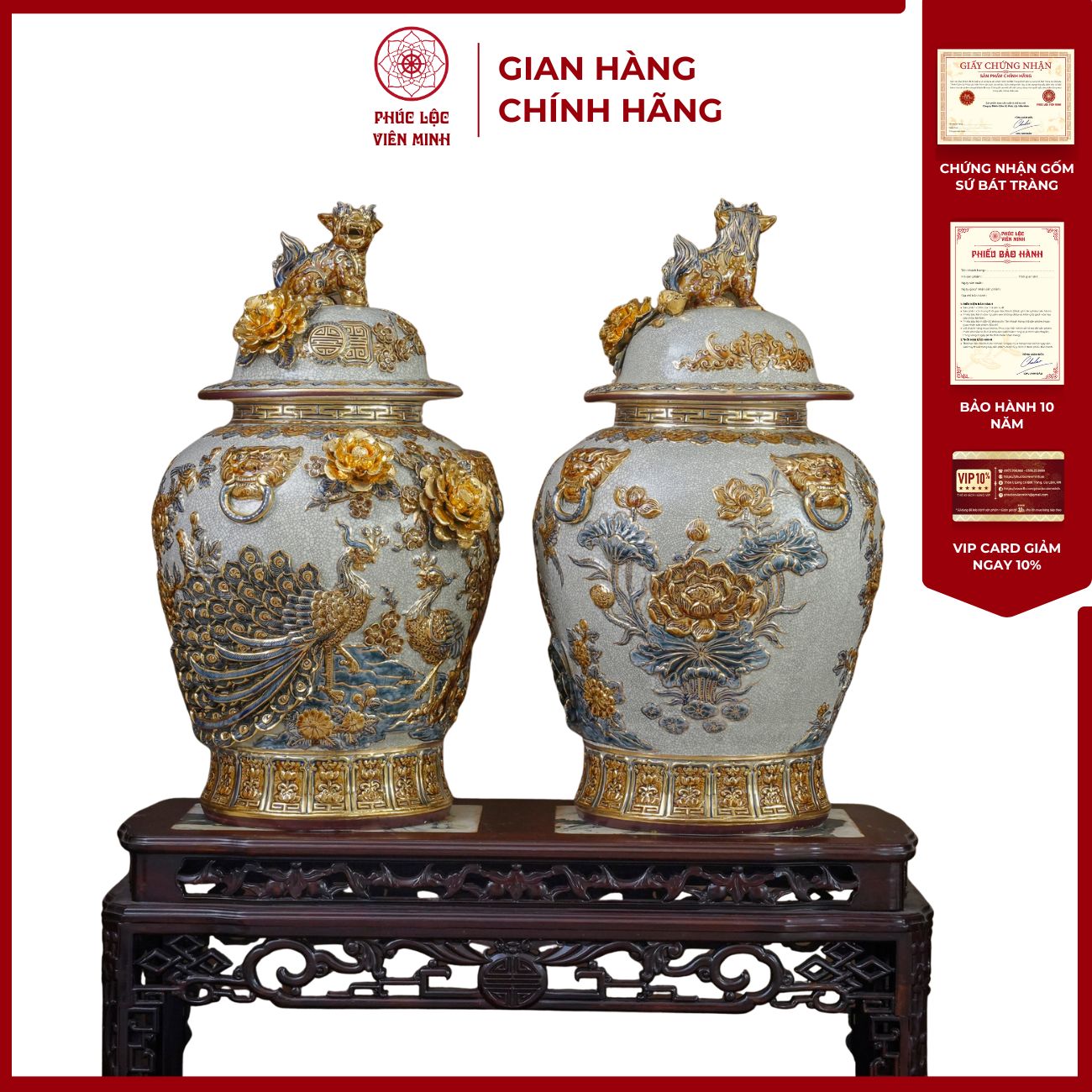 Chóe Công Danh Phú Quý Đắp Nổi Kênh Bong Vẽ Vàng Gốm Sứ Bát Tràng - Gốm Sứ Phúc Lộc Viên Minh - PLVM1601