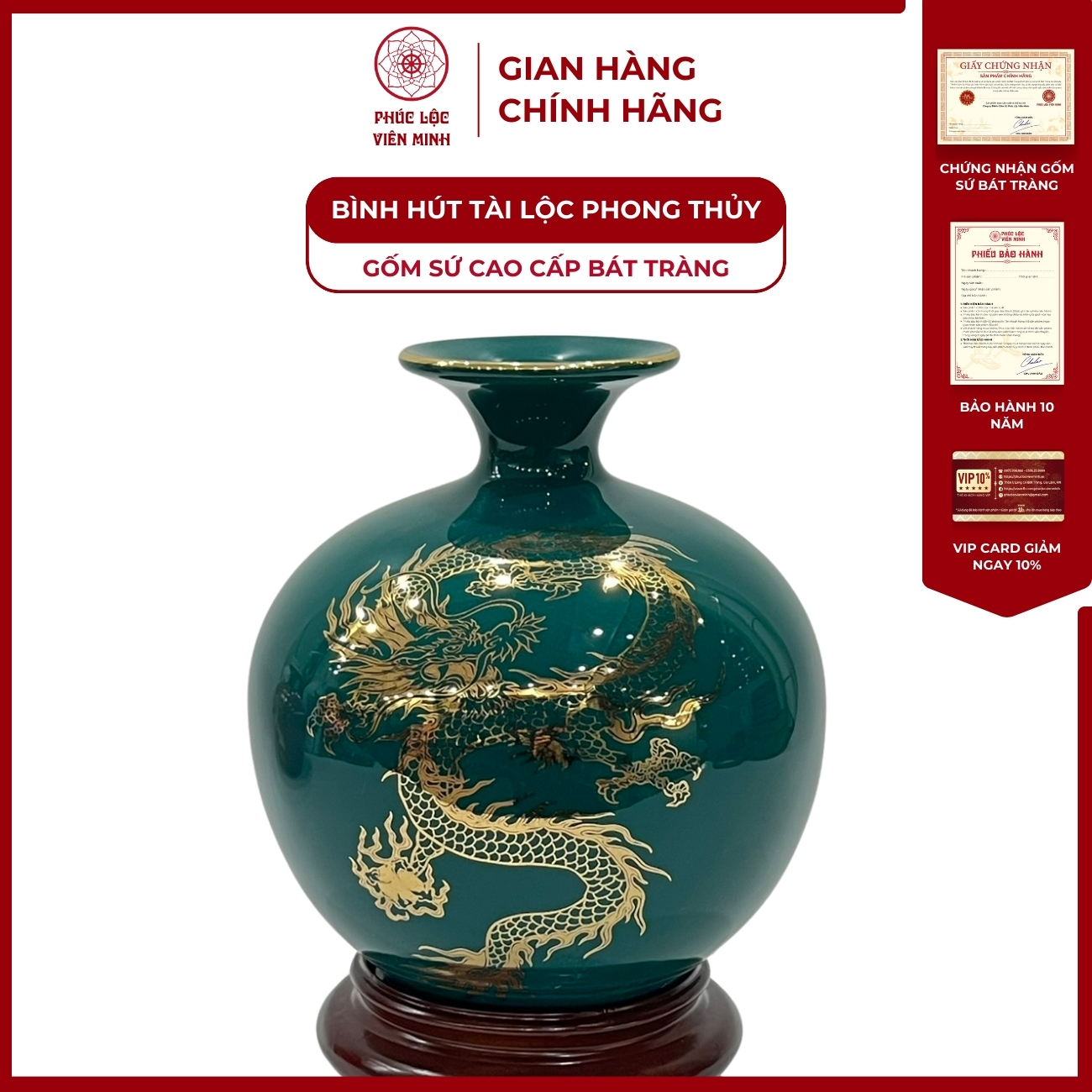 Bình Hút Lộc Phúc Long Tấn Lộc Dán Decal Vàng Kim Gốm Sứ Bát Tràng - Phúc Lộc Viên Minh