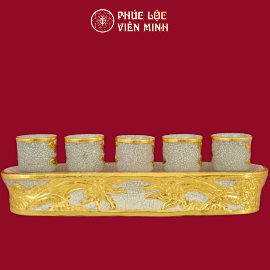 Kỷ Thẳng Rồng Chầu Nguyệt 5 Chén Men Rạn Đắp Nổi Dát Vàng Gốm Sứ Bát Tràng - Phúc Lộc Viên Minh