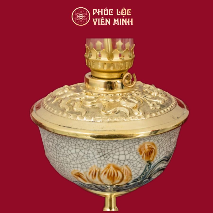Đèn Thờ Bát Sen Chân Đồng Thếp Vàng Men Rạn Gốm Sứ Bát Tràng - Phúc Lộc Viên Minh
