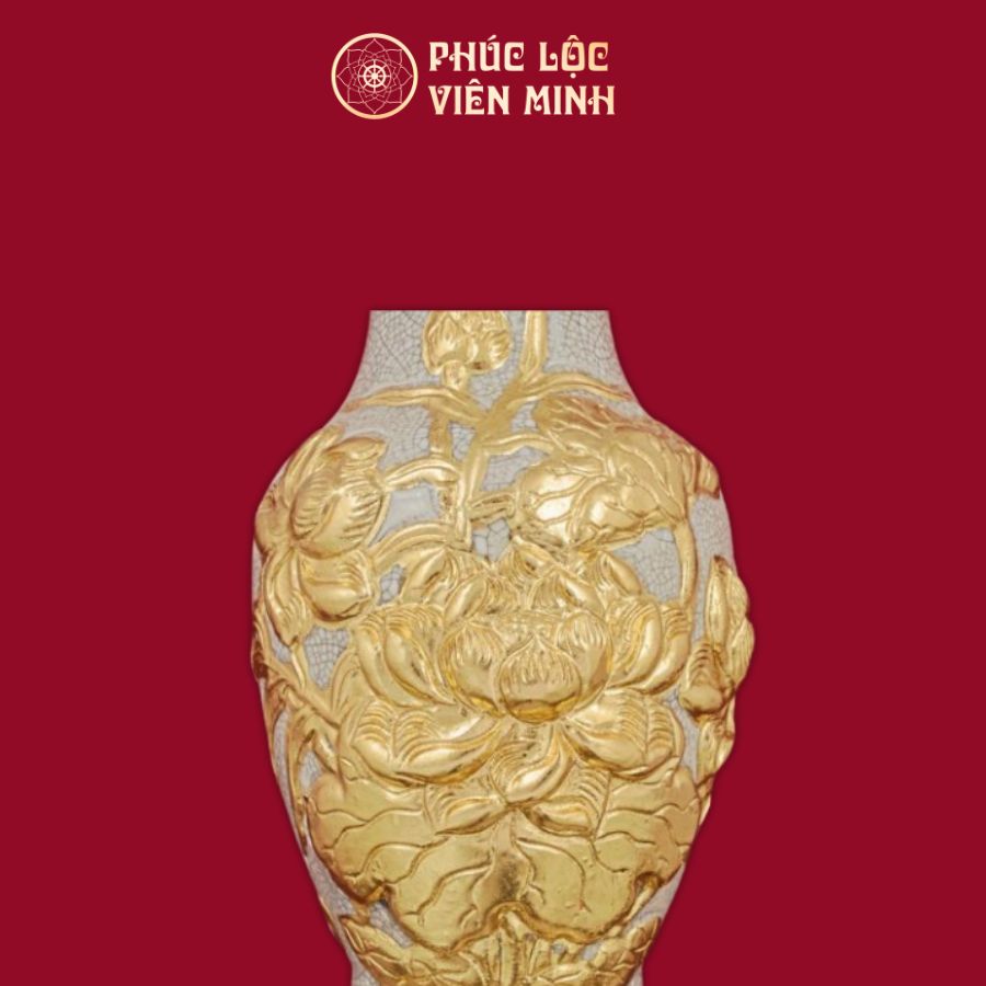 Lọ Hoa Miệng Lượn Hoa Sen Men Rạn Dát Vàng Gốm Sứ Bát Tràng - Phúc Lộc Viên Minh