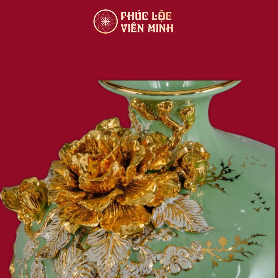 Mai Bình Thuận Buồm Xuôi Gió Men Xanh Ngọc Họa Tiết Trắng Vẽ Vàng Gốm Sứ Bát Tràng - Phúc Lộc Viên Minh