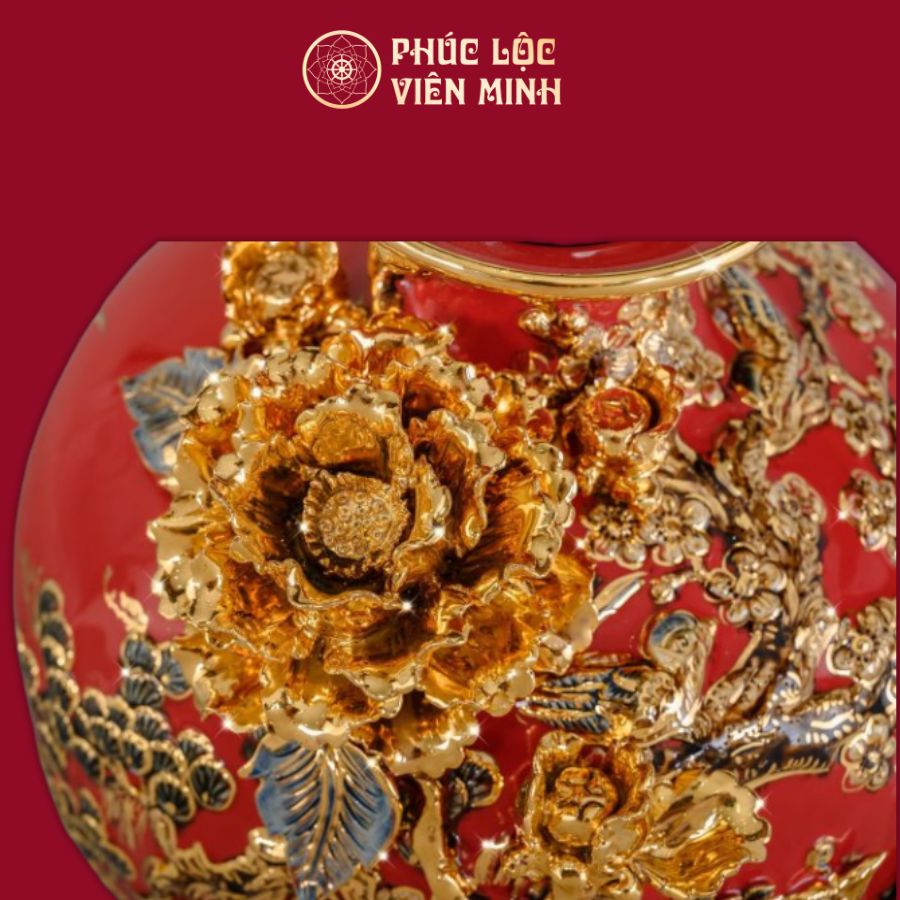 Mai Bình Công Danh Phú Quý Men Đỏ Vẽ Vàng Gốm Sứ Bát Tràng - Phúc Lộc Viên Minh