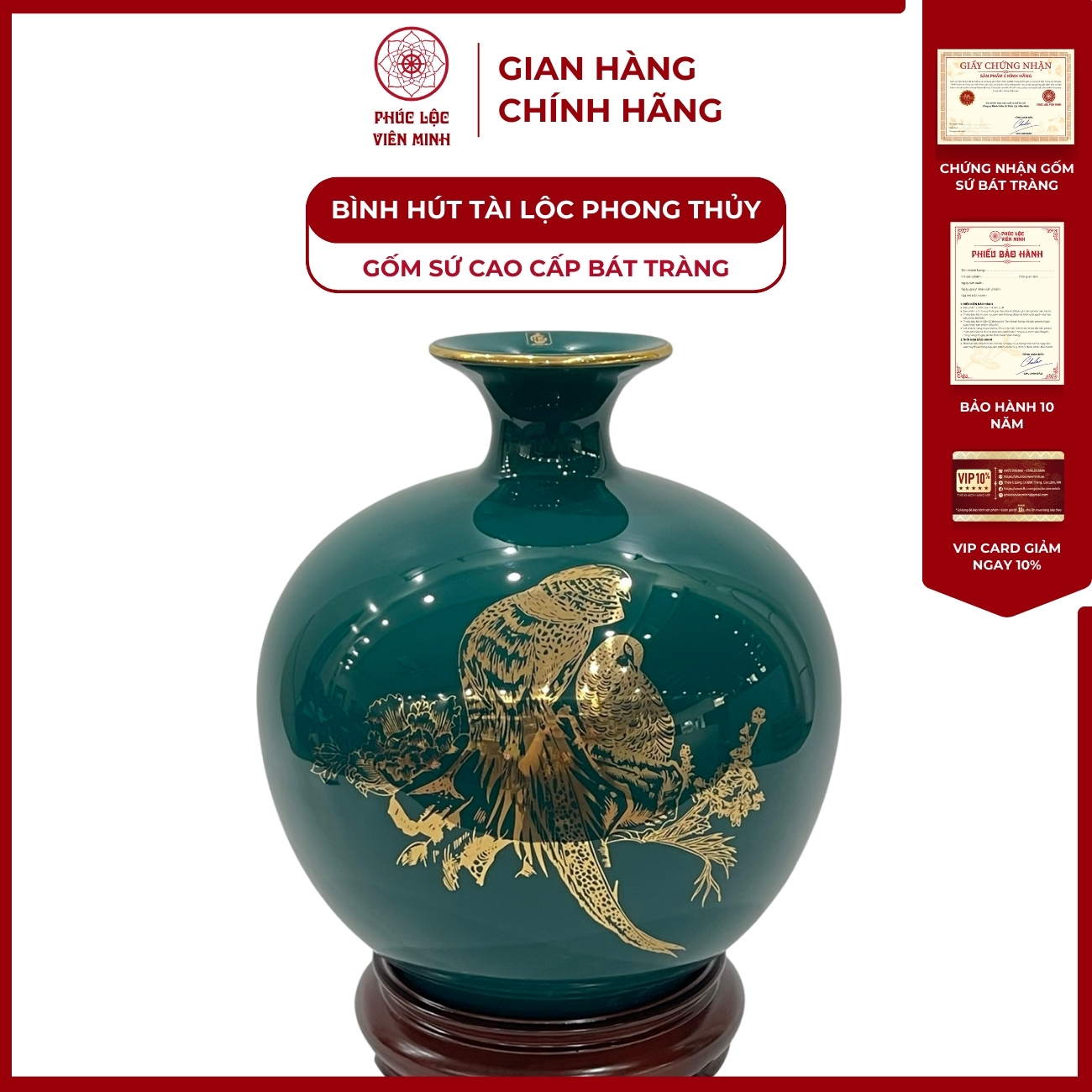 Bình Hút Lộc Chim Trĩ Lộc Dán Decal Vàng Kim Gốm Sứ Bát Tràng - Phúc Lộc Viên Minh