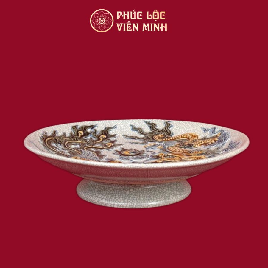 Mâm Bồng Long Phụng Chầu Ngọc Men Rạn Gốm Sứ Bát Tràng - Phúc Lộc Viên Minh