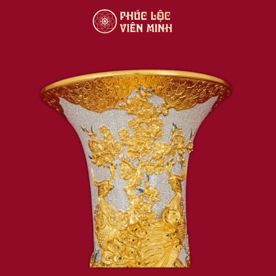 Lộc Bình Phúc Lộc Thọ Men Rạn Dát Vàng Gốm Sứ Bát Tràng - Phúc Lộc Viên Minh