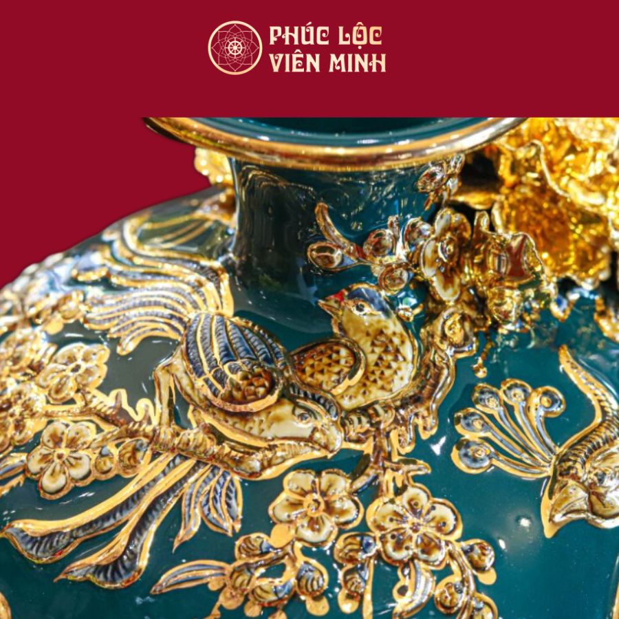 Bình Hút Lộc Công Danh Phú Quý Men Xanh Lục Bảo Vẽ Vàng Gốm Sứ Bát Tràng - Phúc Lộc Viên Minh