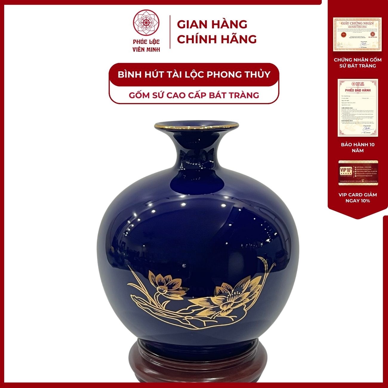 Bình Hút Lộc Hình Hoa Sen Dán Decal Vàng Kim Gốm Sứ Bát Tràng - Phúc Lộc Viên Minh
