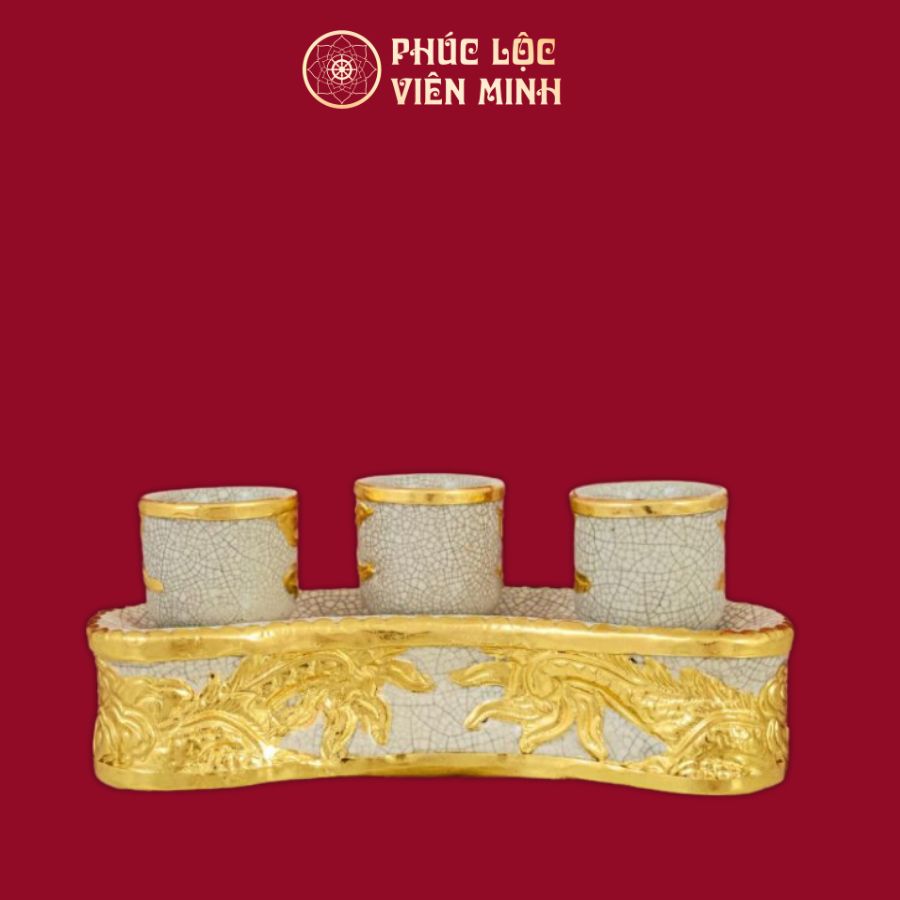 Kỷ Cong Rồng Chầu Nguyệt 3 Chén Men Rạn Dát Vàng Gốm Sứ Bát Tràng - Phúc Lộc Viên Minh