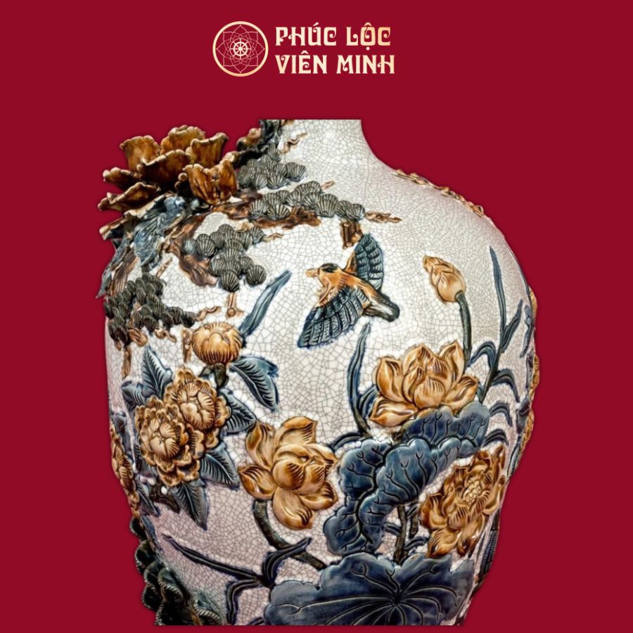 Mai Bình Công Danh Phú Quý Men Rạn Đắp Nổi Gốm Sứ Bát Tràng - Phúc Lộc Viên Minh