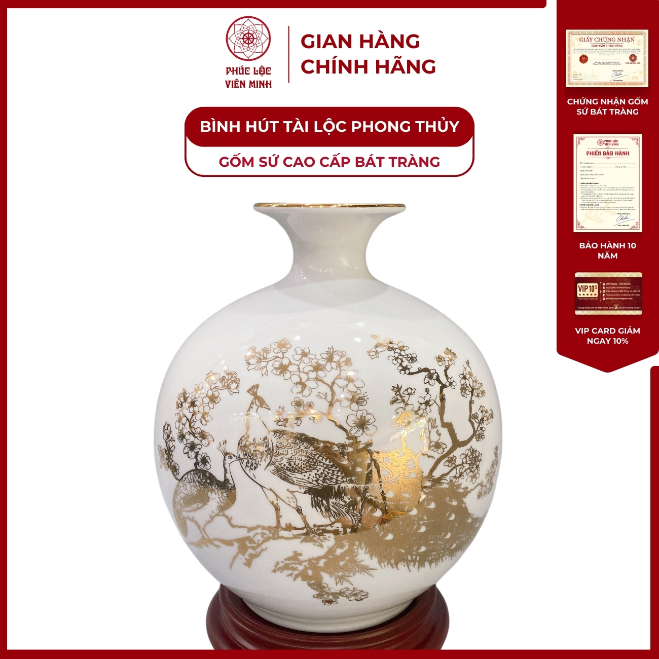 Bình Hút Lộc Chim Công Tài Lộc Dán Decal Vàng Kim Gốm Sứ Bát Tràng - Phúc Lộc Viên Minh