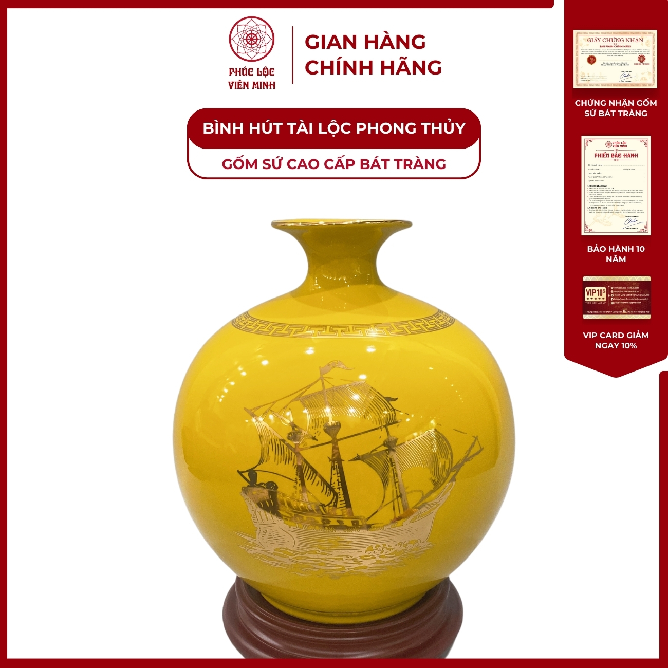 Bình Hút Lộc Thuận Buồm Xuôi Gió Dán Decal Vàng Kim Gốm Sứ Bát Tràng - Phúc Lộc Viên Minh