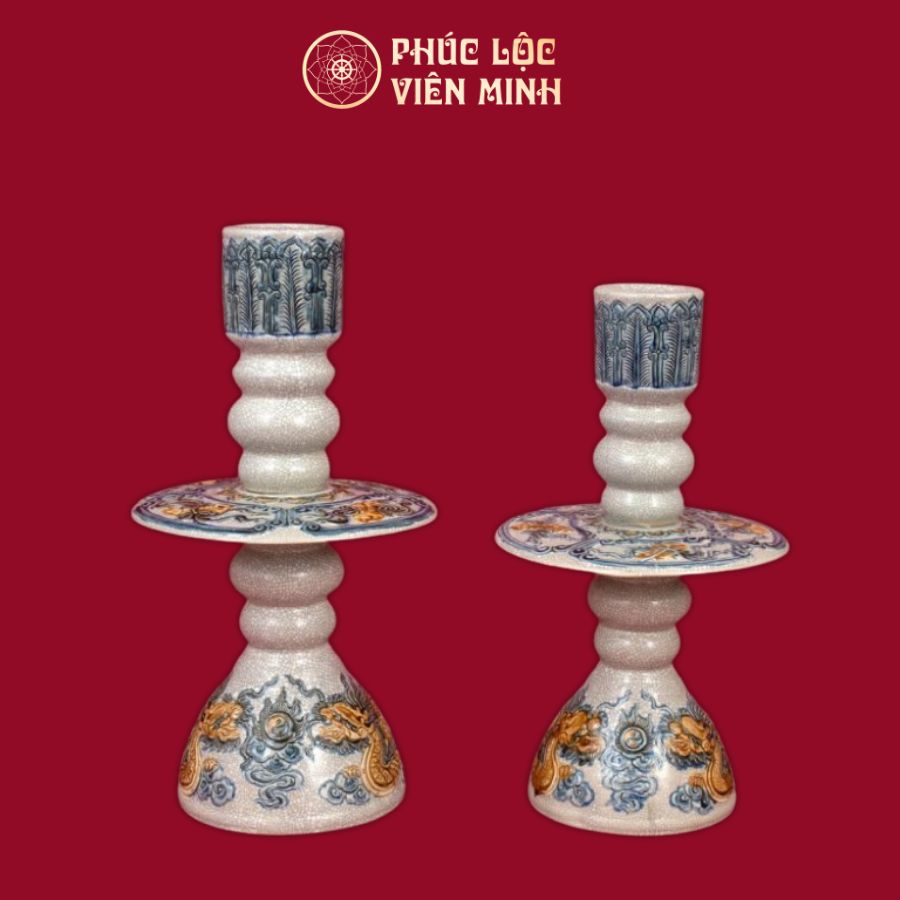 Cây Nến Song Long Chầu Nguyệt Men Rạn Đắp Nổi Gốm Sứ Bát Tràng - Phúc Lộc Viên Minh
