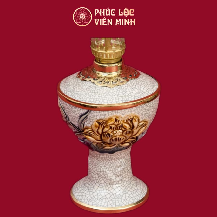 Đèn Thờ Váy Vuông Sen Men Rạn Đắp Nổi Gốm Sứ Bát Tràng - Phúc Lộc Viên Minh