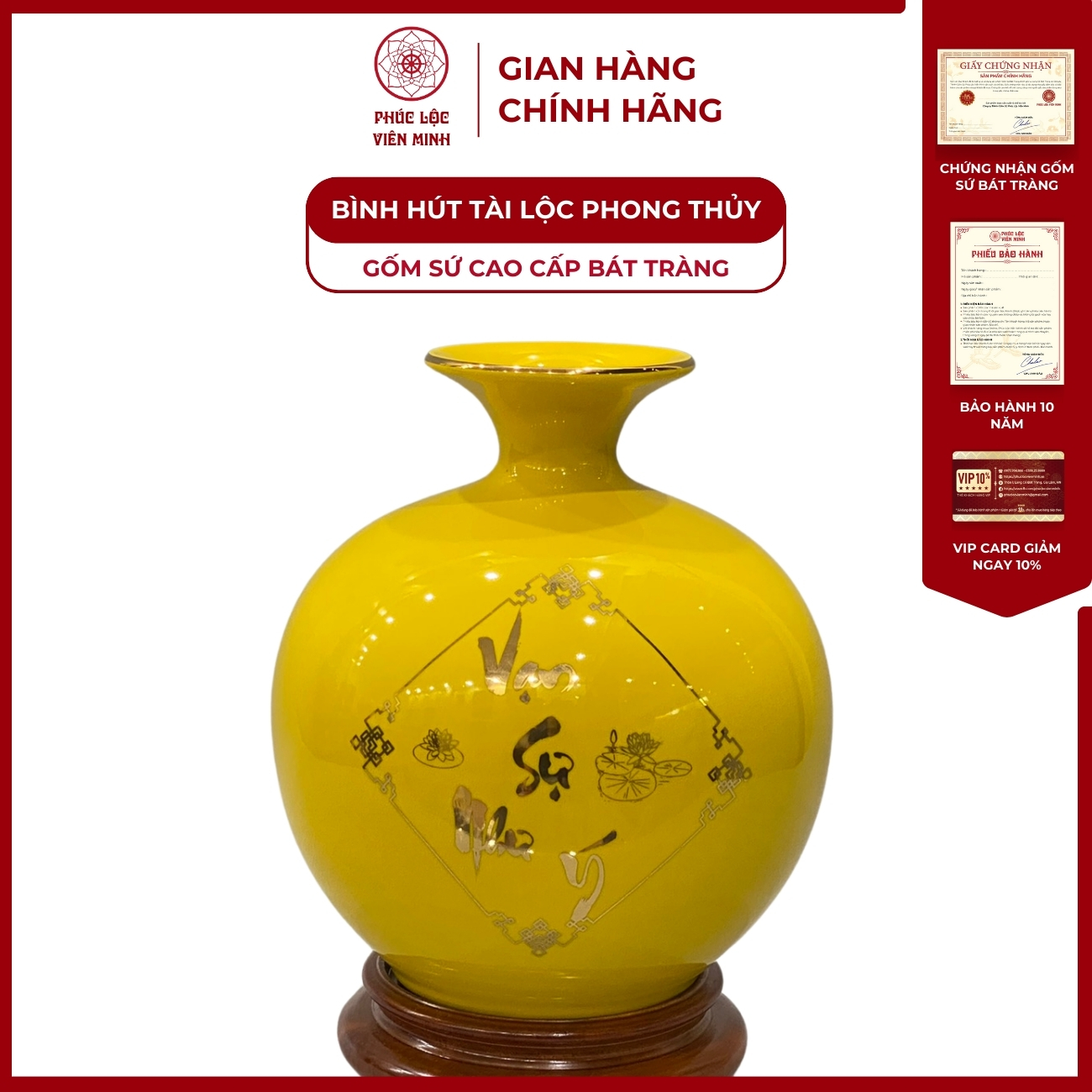 Bình Hút Lộc Vạn Sự Như Ý Dán Decal Vàng Kim Gốm Sứ Bát Tràng - Phúc Lộc Viên Minh