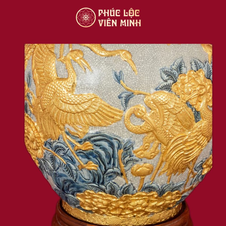 Tỏi Cổ Thẳng Diên Niên Trường Thọ 70cm Men Rạn Dát Vàng Gốm Sứ Bát Tràng - Phúc Lộc Viên Minh