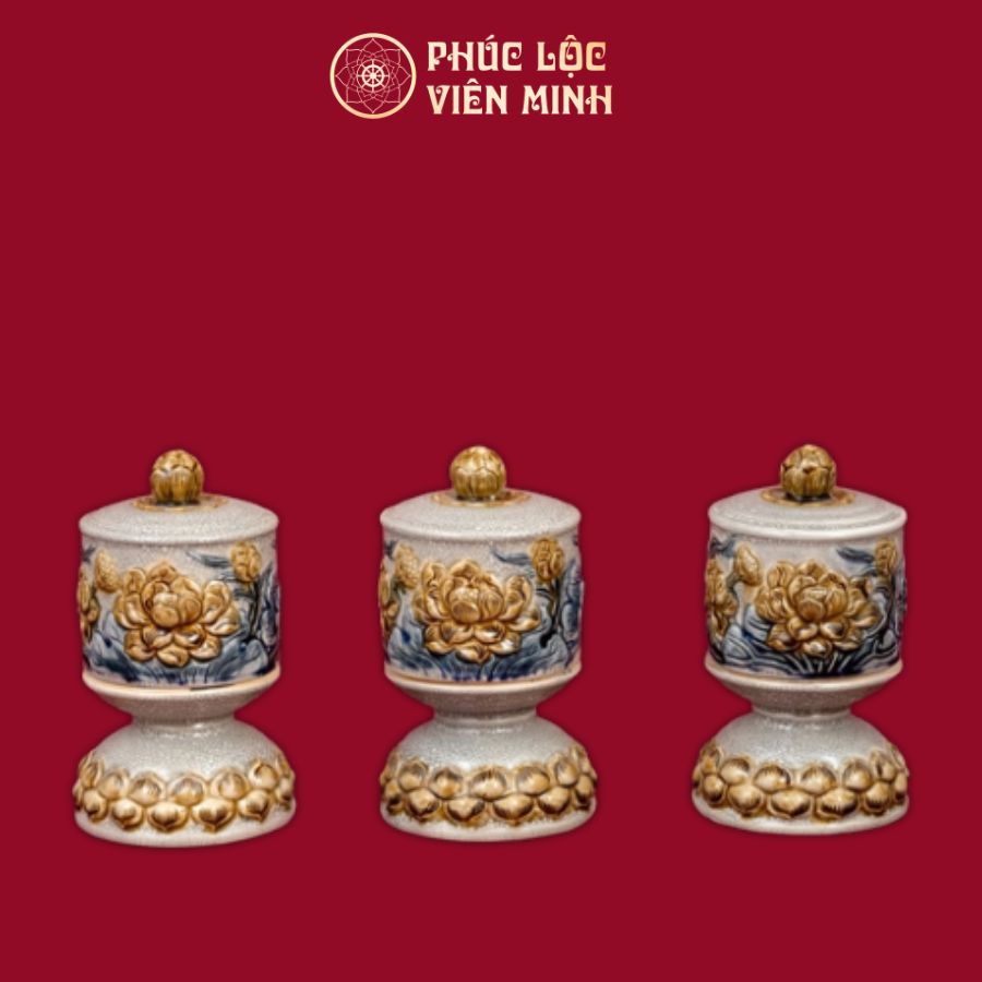 Bộ Đài Thờ Sen Men Rạn Đắp Nổi Gốm Sứ Bát Tràng - Phúc Lộc Viên Minh