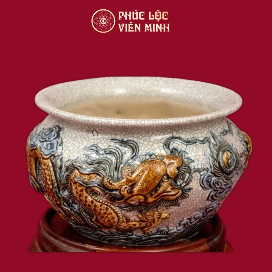 Bát Hương Quả Lựu Song Long Chầu Nguyệt Men Rạn Gốm Sứ Bát Tràng - Phúc Lộc Viên Minh