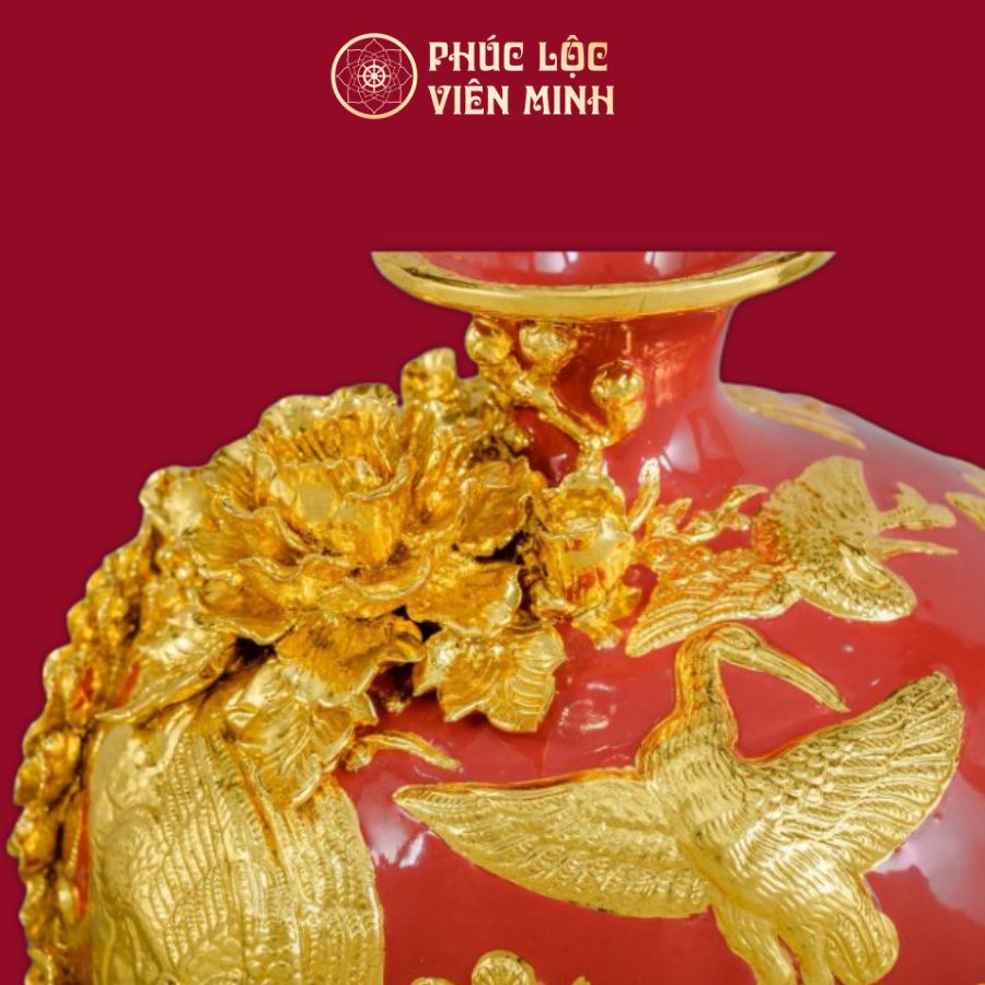 Bình Hút Lộc Phú Quý Trường Xuân Men Đỏ Dát Vàng Gốm Sứ Bát Tràng - Phúc Lộc Viên Minh