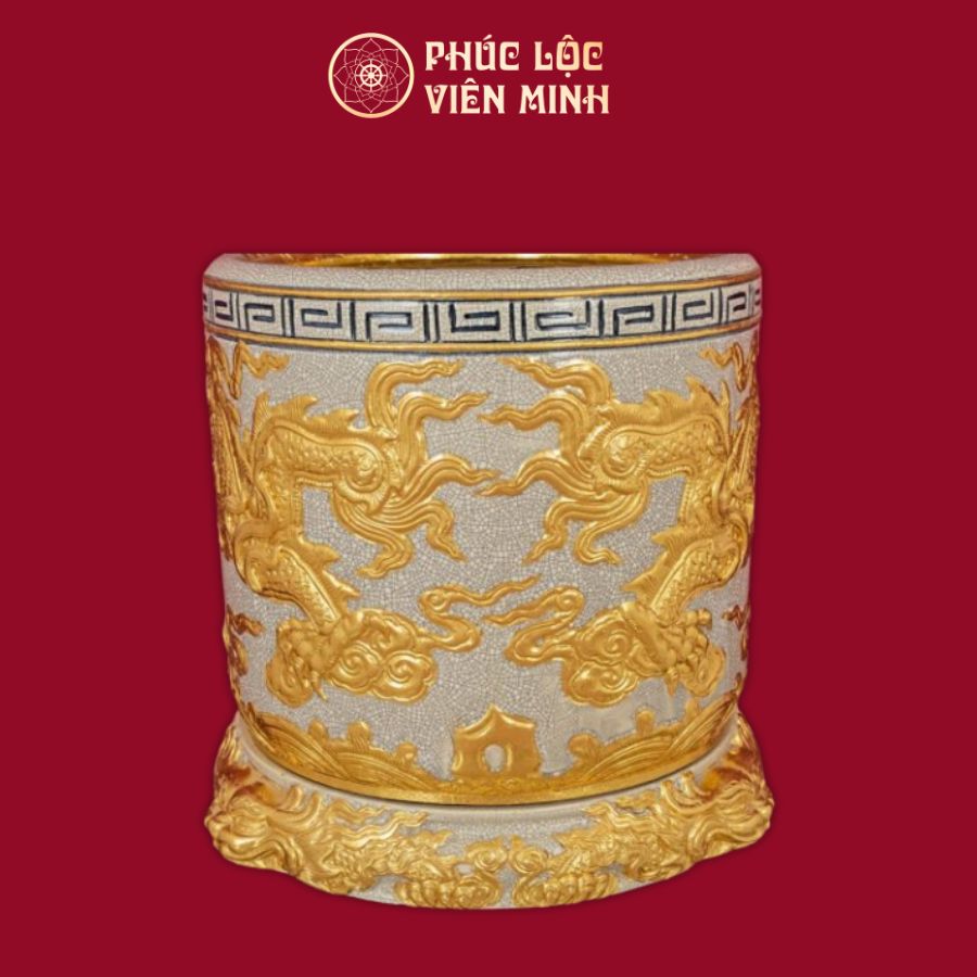 Bát Hương Song Long Chầu Nguyệt Men Rạn Dát Vàng Tây Gốm Sứ Bát Tràng - Phúc Lộc Viên Minh