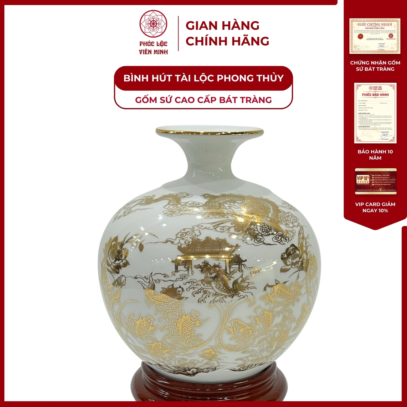 Bình Hút Lộc Công Danh Tài Lộc Dán Decal Vàng Kim Gốm Sứ Bát Tràng - Phúc Lộc Viên Minh - PLVM150