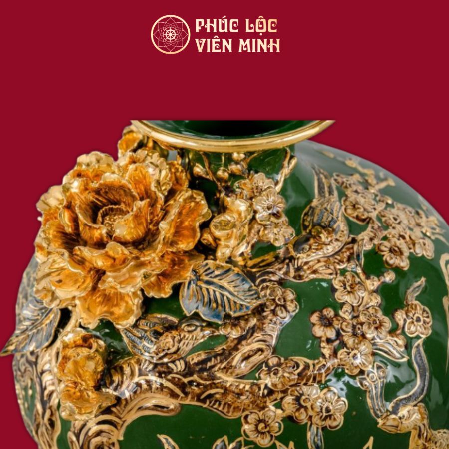 Mai Bình Công Danh Phú Quý Men Xanh Bộ Đội Vẽ Vàng Gốm Sứ Bát Tràng - Phúc Lộc Viên Minh