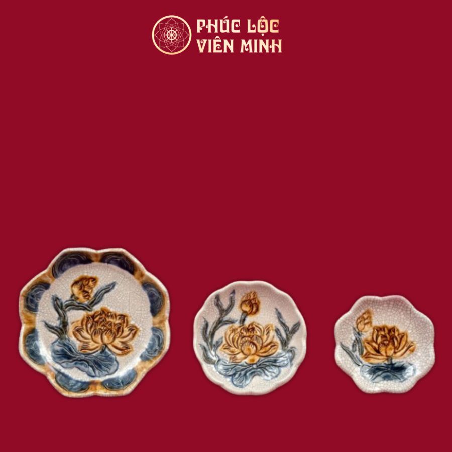 Chân Nến Hoa Sen Men Rạn Đắp Nổi Gốm Sứ Bát Tràng - Phúc Lộc Viên Minh