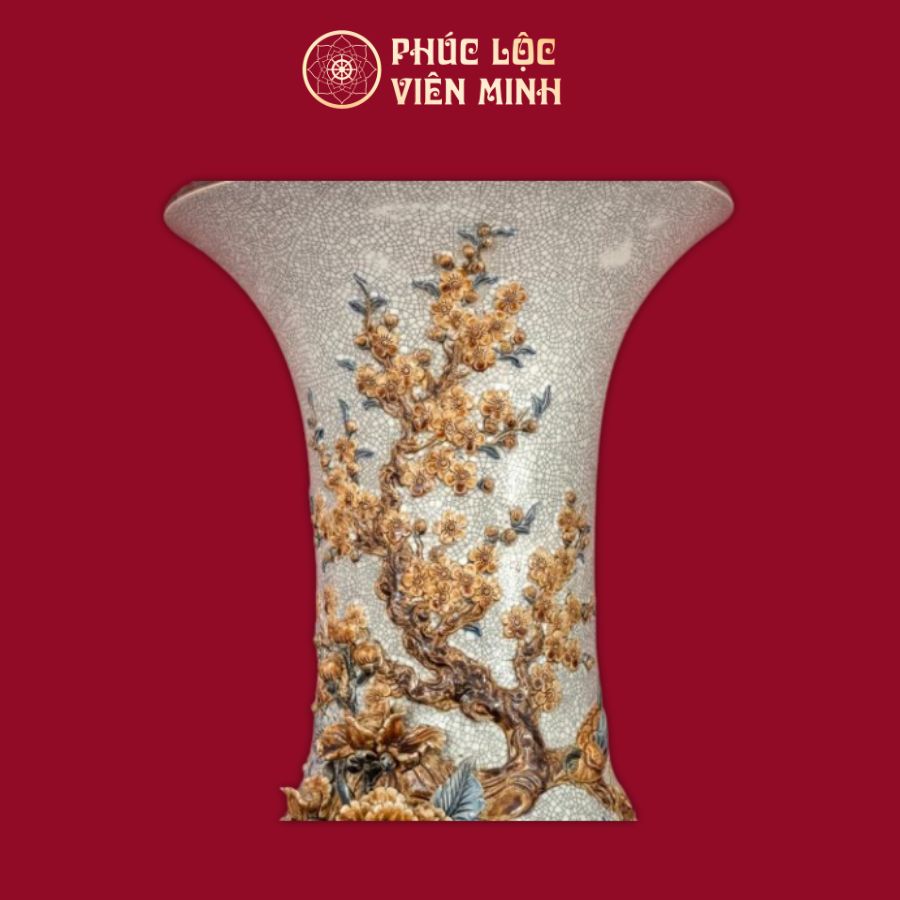 Lộc Bình Phú Quý Trường Xuân Đắp Nổi Men Rạn Cao Cấp Gốm Sứ Bát Tràng - Phúc Lộc Viên Minh