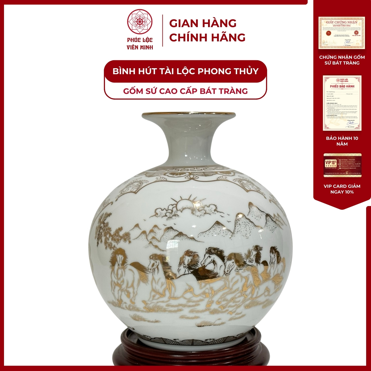 Bình Hút Lộc Nhị Cảnh Thuận Buồm Xuôi Gió, Mã Đáo Thành Công Dán Decal Vàng Kim Gốm Sứ Bát Tràng - Phúc Lộc Viên Minh