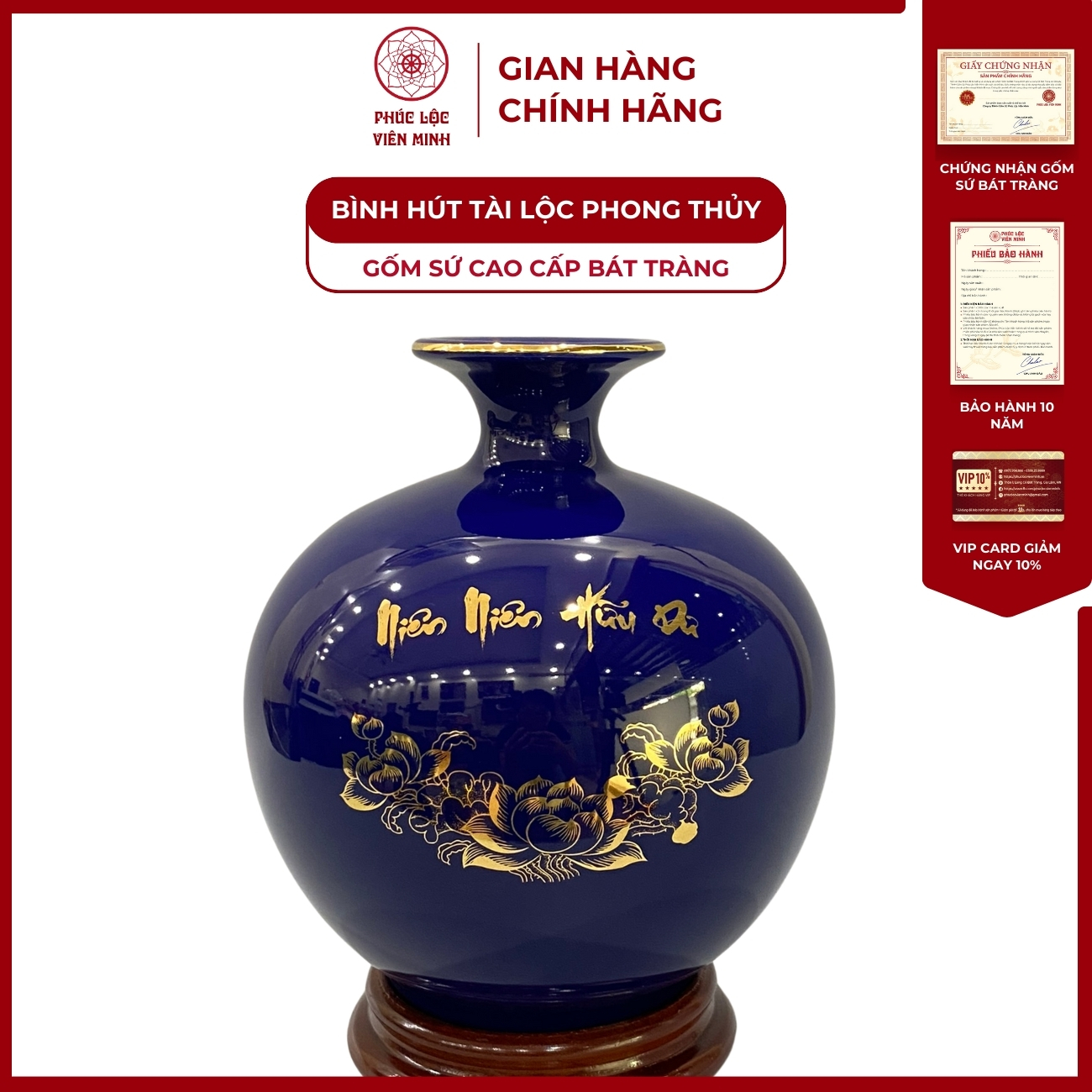 Bình Hút Lộc Niên Niên Hữu Dư Dán Decal Vàng Kim Gốm Sứ Bát Tràng - Phúc Lộc Viên Minh