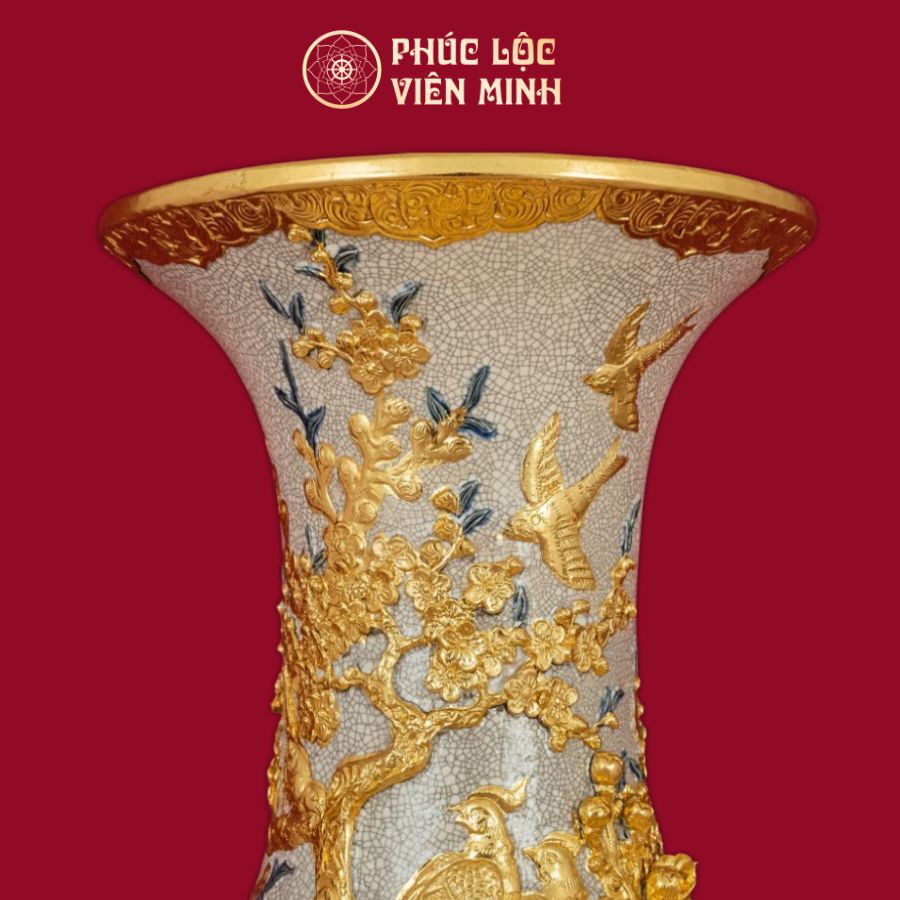 Tỏi Đắp Nổi Men Rạn Phú Quý Trường Xuân Dát Vàng Cao Cấp Gốm Sứ Bát Tràng - Phúc Lộc Viên Minh