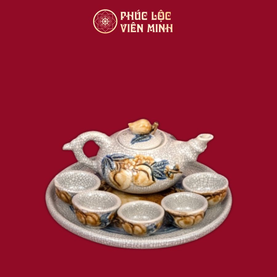 Bộ Trà Thờ Đào Đắp Nổi Men Rạn Gốm Sứ Bát Tràng - Phúc Lộc Viên Minh