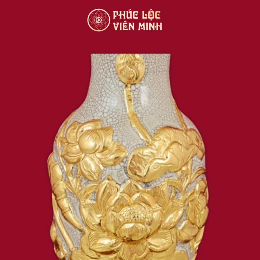 Lọ Hoa Sen Men Rạn Đắp Nổi Dát Vàng Gốm Sứ Bát Tràng - Phúc Lộc Viên Minh
