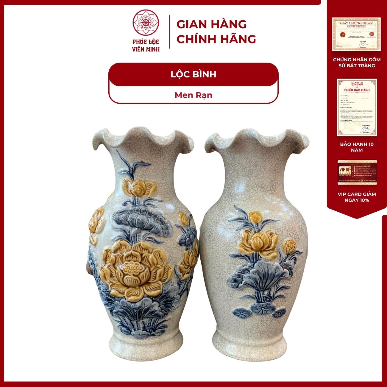 Đôi Lộc Bình Miệng Lượn Họa Tiết Sen Men Rạn Gốm Sứ Bát Tràng - Phúc Lộc Viên Minh