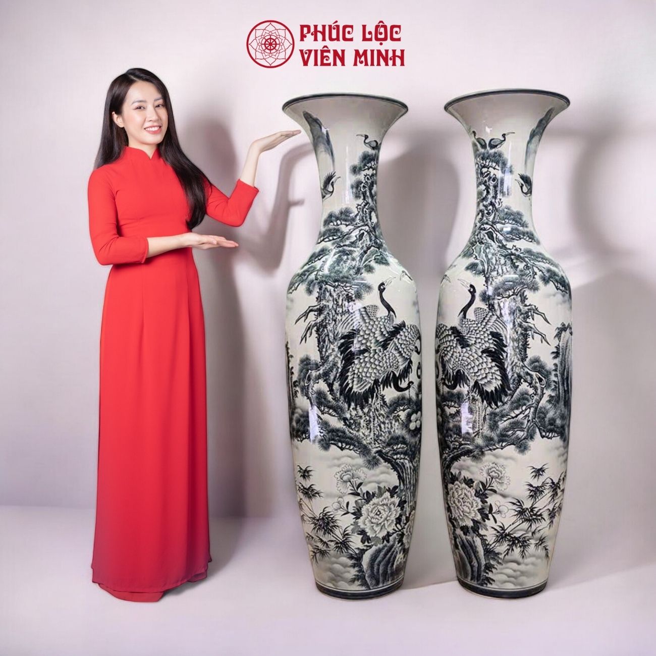 Đôi Lộc Bình Họa Tiết Đơn Cảnh Gốm Sứ Bát Tràng - Phúc Lộc Viên Minh - PL043
