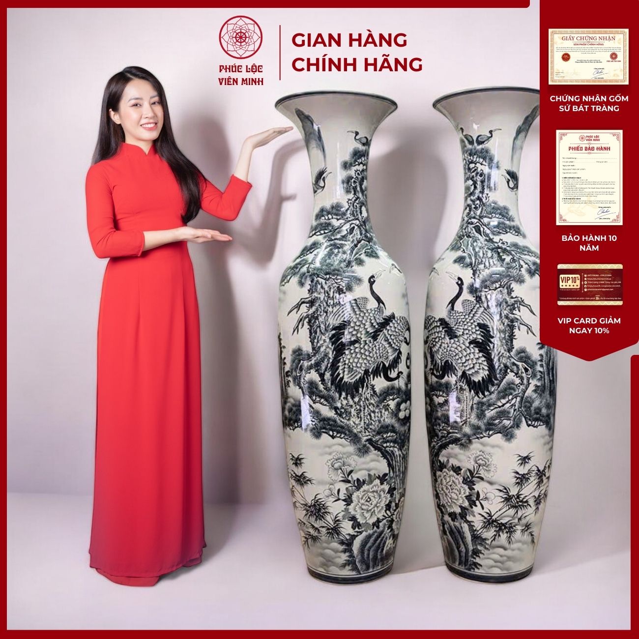 Đôi Lộc Bình Họa Tiết Đơn Cảnh Gốm Sứ Bát Tràng - Phúc Lộc Viên Minh - PL043