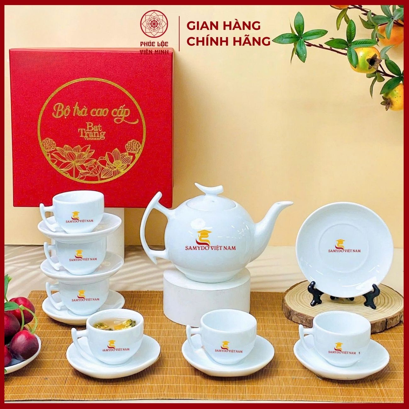 Bộ Ấm Chén In Logo Gốm Sứ Bát Tràng - Phúc Lộc Viên Minh - LD020
