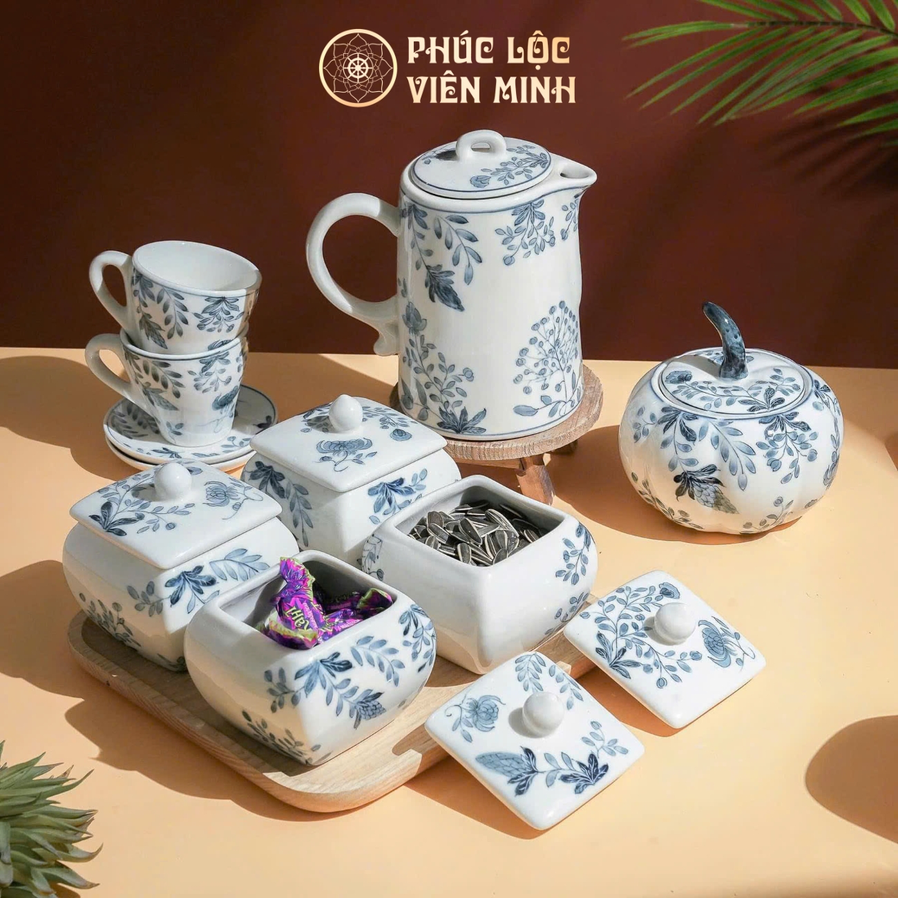 Bộ Hũ Mứt Họa Tiết Hoa Dây Tằm Gốm Sứ Bát Tràng - Phúc Lộc Viên Minh - PL007