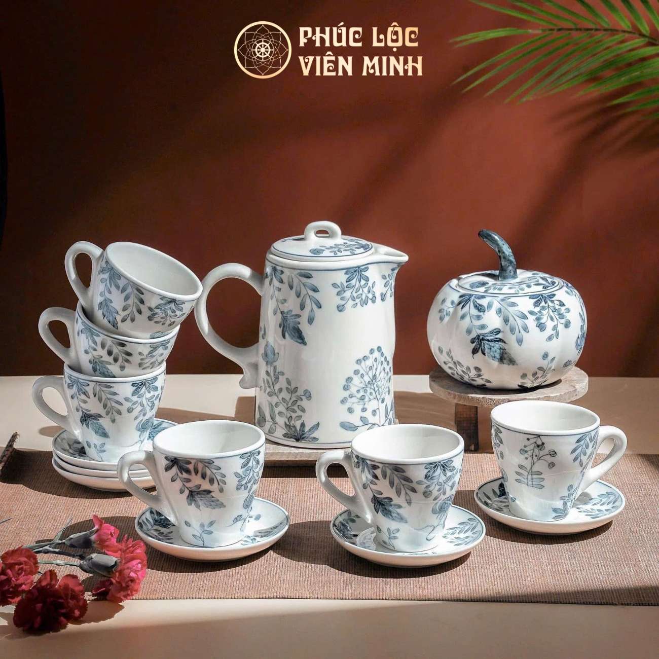 Bộ Ấm Chén Hoa Dây Tằm Gốm Sứ Bát Tràng - Phúc Lộc Viên Minh - PL024