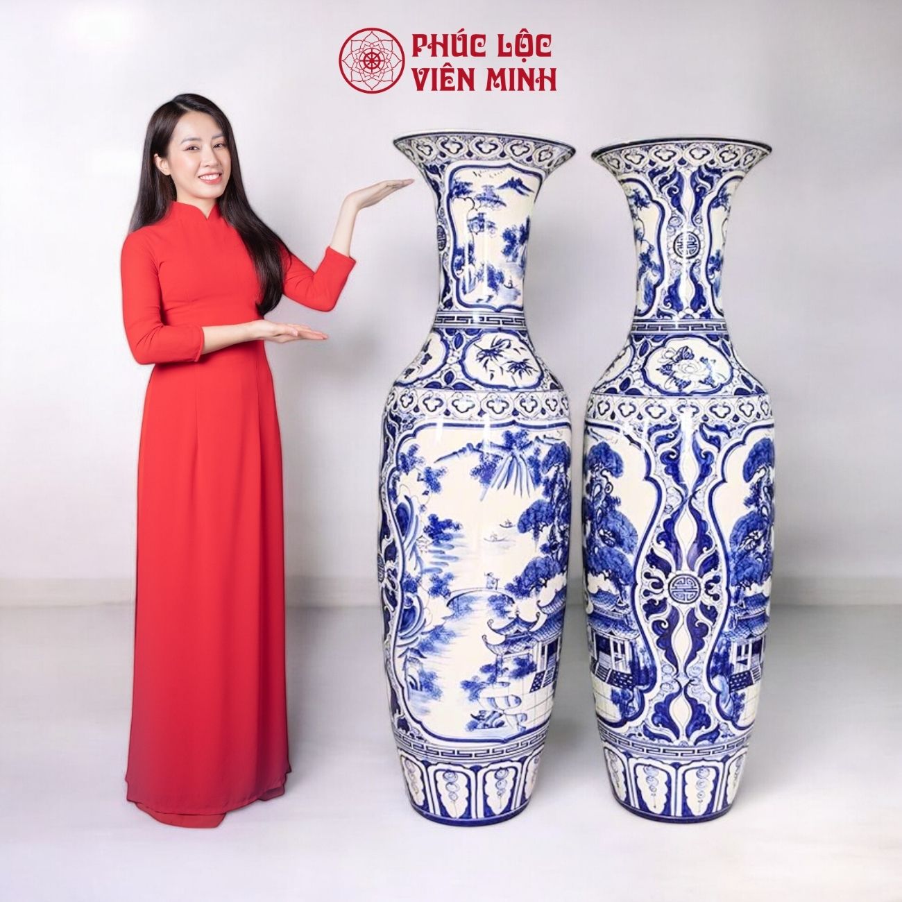 Đôi Lộc Bình Nhị Cảnh Gốm Sứ Bát Tràng - Phúc Lộc Viên Minh - PL047