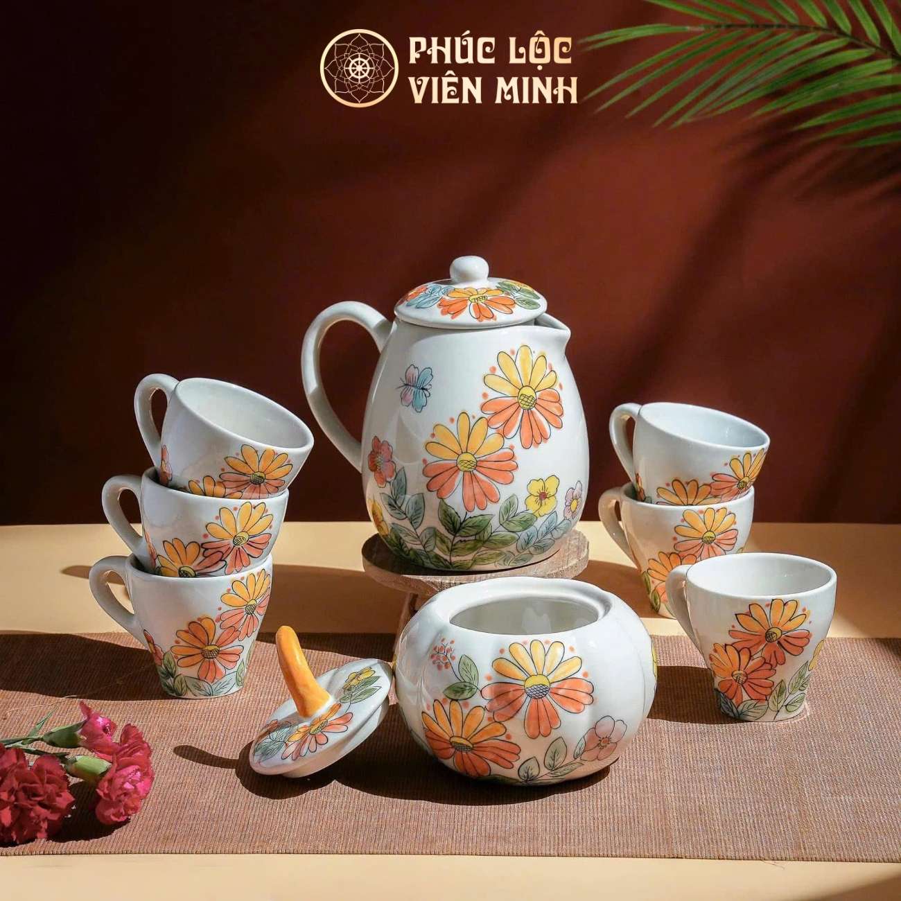 Bộ Ấm Chén Họa Tiết Cúc Vàng Cam Gốm Sứ Bát Tràng - Phúc Lộc Viên Minh - PL019