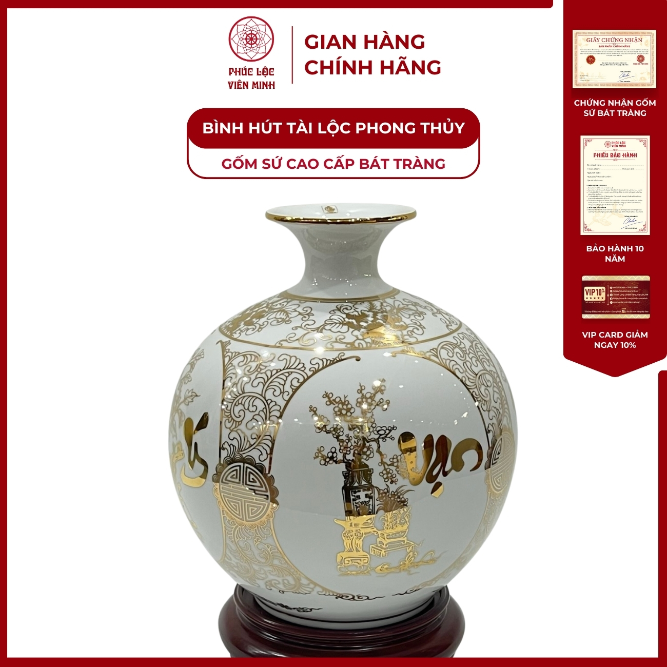 Bình Hút Lộc Tứ Cảnh Vạn Sự Như Ý Cổ Hoa Decal Vàng Kim Gốm Sứ Bát Tràng - Phúc Lộc Viên Minh