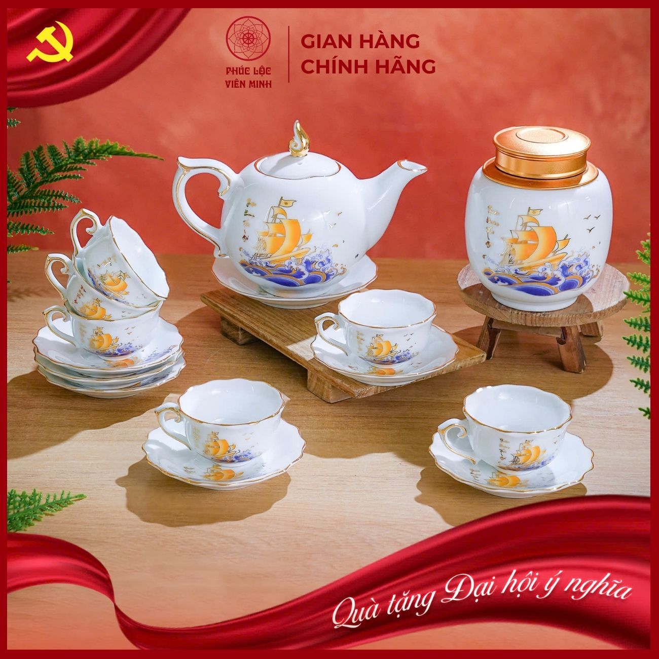 Bộ Ấm Chén Cao Cấp Gốm Sứ Bát Tràng - Phúc Lộc Viên Minh - LD066