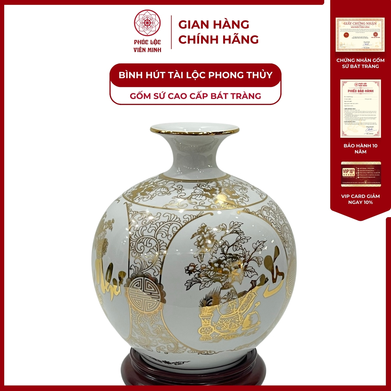 Bình Hút Lộc Tứ Cảnh Vạn Sự Như Ý Cổ Hoa Decal Vàng Kim Gốm Sứ Bát Tràng - Phúc Lộc Viên Minh