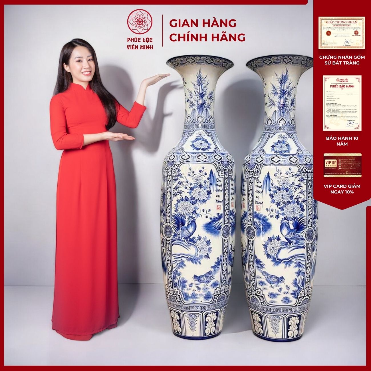 Đôi Lộc Bình Họa Tiết Tứ Cảnh Gốm Sứ Bát Tràng - Phúc Lộc Viên Minh - PL051