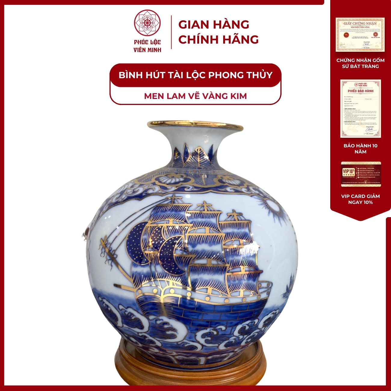 Bình Hút Lộc Nhị Cảnh Men Lam Vẽ Vàng Kim Gốm Sứ Bát Tràng - Phúc Lộc Viên Minh