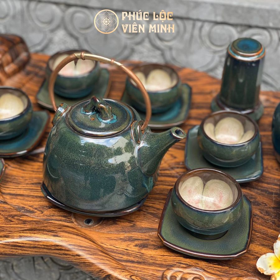 Bộ Ấm Chén Chuông Rêu Lòng Hoa Cao Cấp Gốm Sứ Bát Tràng - Phúc Lộc Viên Minh