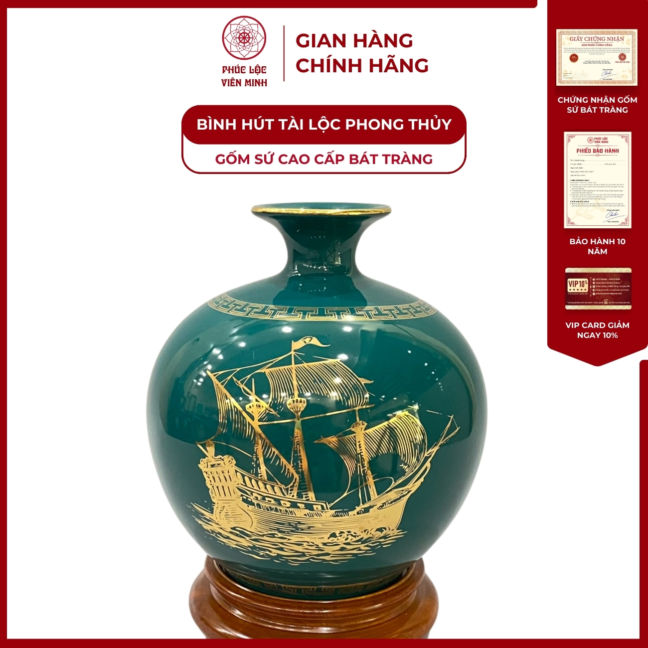 Bình Hút Lộc Thuận Buồm Xuôi Gió Dán Decal Vàng Kim Gốm Sứ Bát Tràng - Phúc Lộc Viên Minh
