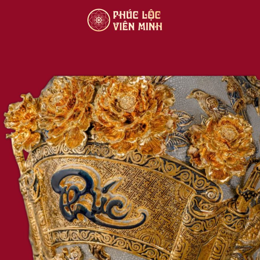 Lộc Bình Phúc Đức Men Rạn Vẽ Vàng Gốm Sứ Bát Tràng - Phúc Lộc Viên Minh