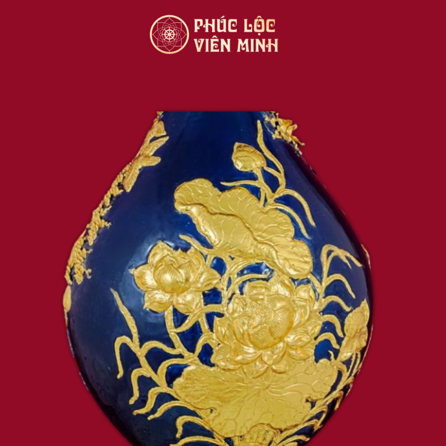 Tỳ Bà Phú Quý Trường Xuân Đắp Nổi Men Xanh Coban Dát Vàng Cao Cấp Gốm Sứ Bát Tràng - Phúc Lộc Viên Minh